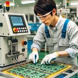 電子部品を作る機械のオペレーターと製品の梱包