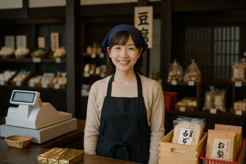 飲食店に併設する売店でお土産の販売、ホールで接客