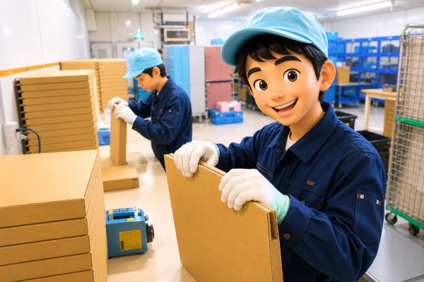 ダンボール作りの作業スタッフ