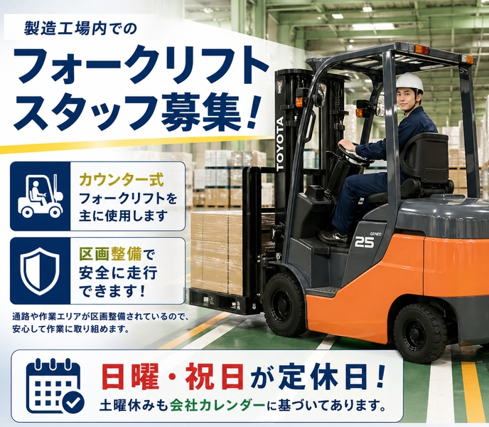 製造工場でのフォークリフトでの運搬、積み込み業務